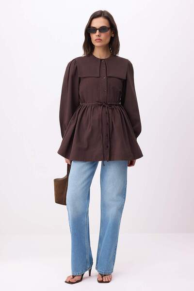 Trendyol Modest Brown Oversized Flamlı Cotton Plain Woven Hijab Shirt Tctss26...