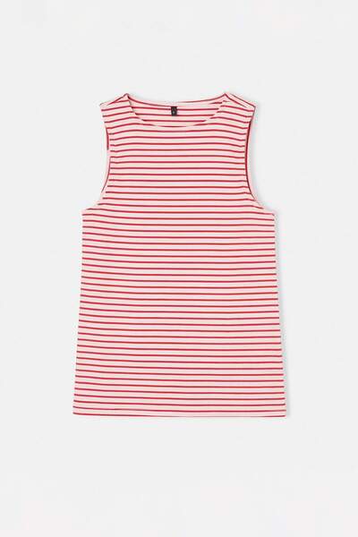 Trendyol Collection Red Striped Regular Boat Neck Sleeveless Ribbed Stretchy ...