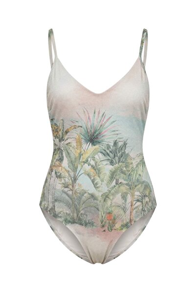 Trendyol Collection Manzara Patterned Glittery V-Neck Covered Backless Regula...