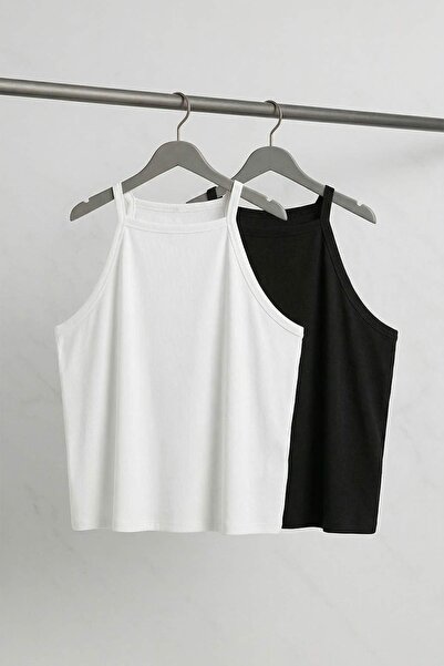 Trendyol Curve Black-White 2-Pack Halter Neck Basic Plus Size Undershirt Tbbs...