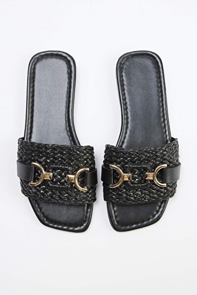 TRENDYOL SHOES Black Straw Women's Slippers Takss26Te00028