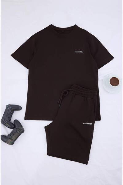 Trendyol Collection Dark Brown Tracksuit Set Oversize Letter Printed 100% Cot...