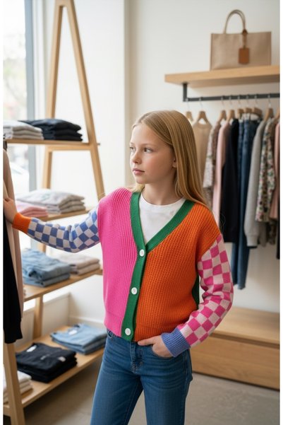 Minimoda Kids Sleeves Checkerboard Patterned Multicolor Girl's Cardigan