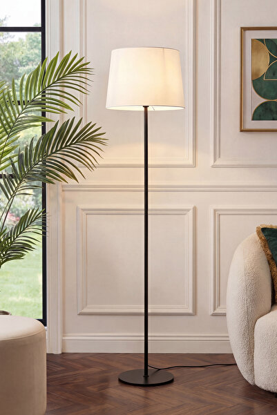 Marrien Cora Siyah Metal Ayaklı Lambader 145 cm Bej Kumaş Başlıklı Modern Sal...