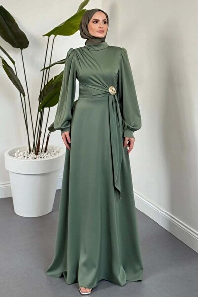 Şulemoda Giyim Yandan Buckled Satin Dress Khaki