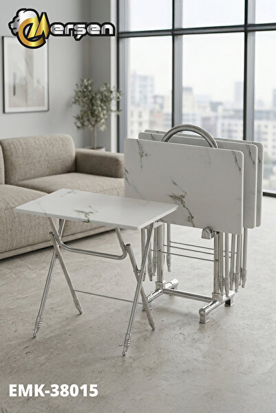 Erşen Eranş Serisi 4'lü Katlanır MDF Mebran Beyaz Mermer Desen Çanta Zigon Se...