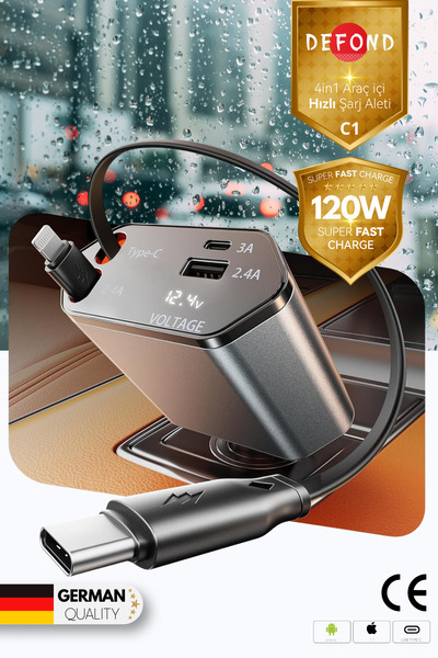 DEFOND Usb C Typec Araç Şarj Aleti,4'ü 1 Arada Hızlı Şarz Araç 66w Araç Usb Ş...