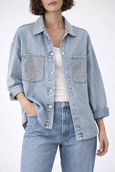 Butik Şans Kadın Taş Baskılı Cep Detaylı Oversize Denim Ceket