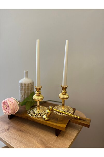 LUXAY HOME LADIES 2'Lİ GOLD RENGİ ŞAMDAN & DEKORATİF MUM SÖNDÜRÜCÜ OBJE SETİ