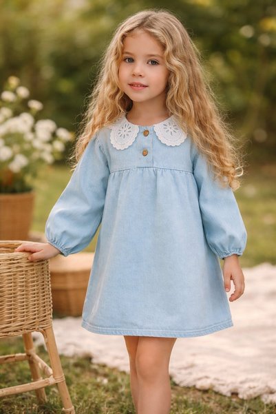 almira anne bebek Girl's Lace Collar - Buttoned - Blue Color Denim Dress
