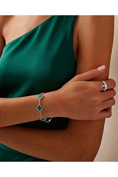 Markiz Takı Silver Color Green Stone Clover Bracelet