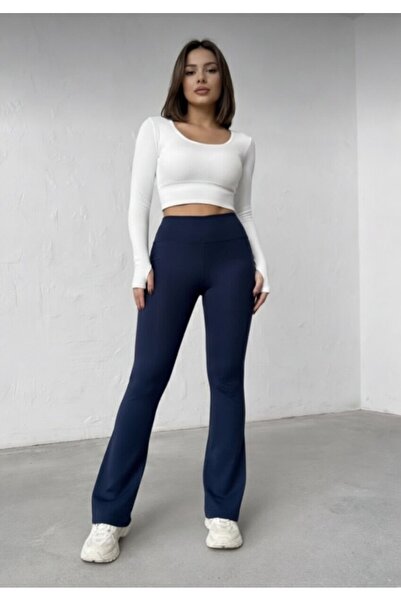 glanour Γυναικείο ψηλόμεσο παντελόνι κολάν εφέ σύσφιξης καμπάνα