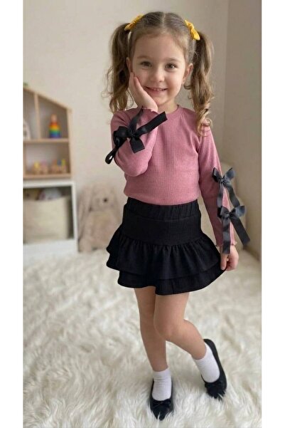 sobekidstore Girl's Ribbed Knit Piece Skirt Suit Full Fit Skirt and Bluse Set
