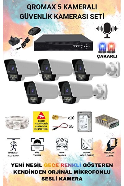 qromax 5 Kameralı Set - Yapay Zeka Özellikli Sesli Renkli 5Mp 9 Warm Ve Çakar...