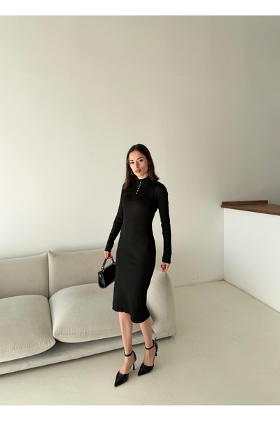 Female Clothing فستان تريكو ضيق من الليكرا بياقة عالية ومقاس صغير