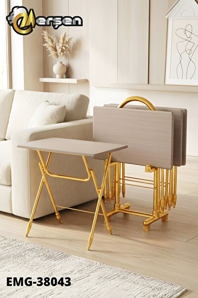 Erşen Eranş Serisi 4'lü Katlanır MDF Mebran Ahşap Çanta Zigon Sehpa Gold Ayak