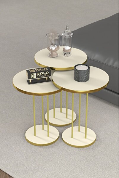 GOLDFALEZ Zigon Sehpa Terra 3 Lü Set Traverten