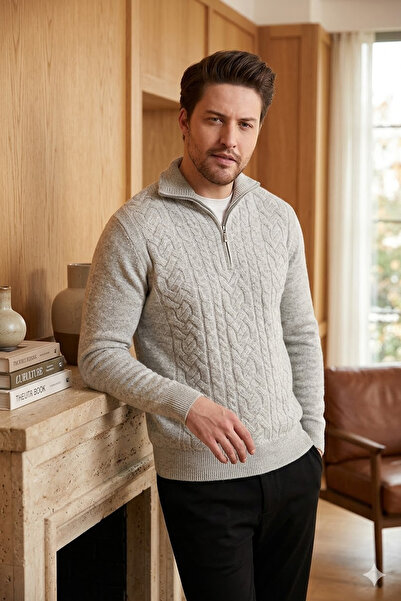 Ferraro Pulover pentru bărbați A.Grey, cu fermoar și guler înalt, 100% lână d...