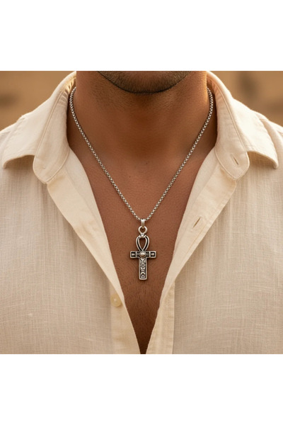 Alooya Ankh Anahtarı - Nil'in Anahtarı Gümüş Kaplama Örme Zincir Kolye