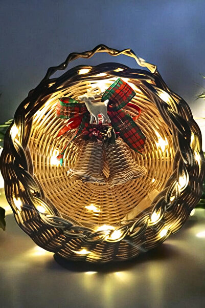 MaviMarinUrla El Yapımı Bambu Rattan Işıklı Duvar Sepeti Çan Detaylı Hasır Ka...