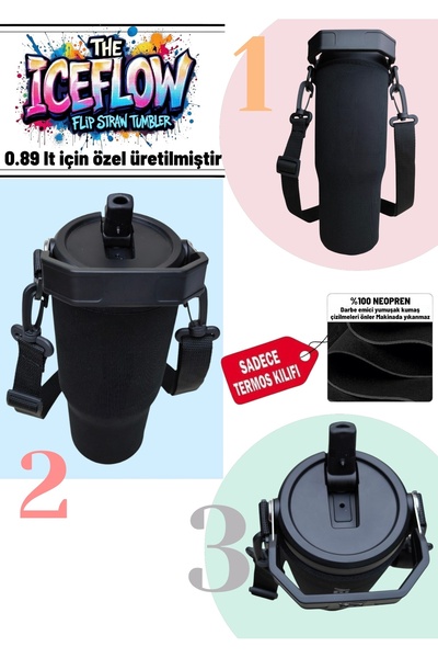 MELA Flip Straw tumbler 0.89 lt neopren termos kılıfı ve Omuz Askısı