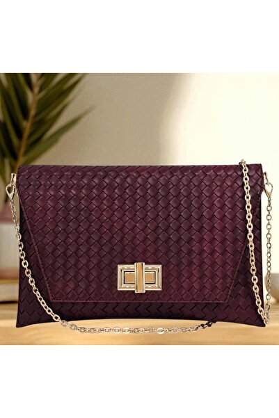 Evident Claret Red Knitted Patterned Clamshell Lock Detailed Women's Portfoli...