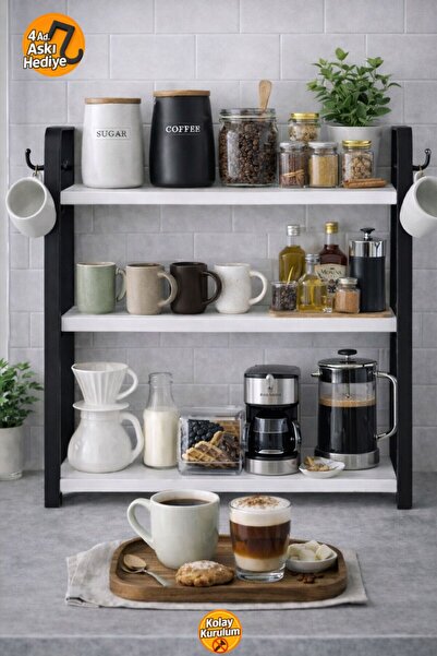 Bambus Mutfak Tezgah Üstü 3 Raflı Beyaz Baharatlık Standı Organizer Baharatlı...