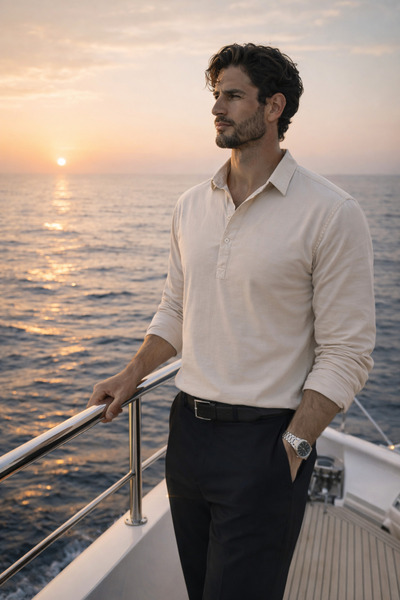 Valiberta Half Pat Collar York Cotton Fabric Long Sleeve Men's Shirt - Beige