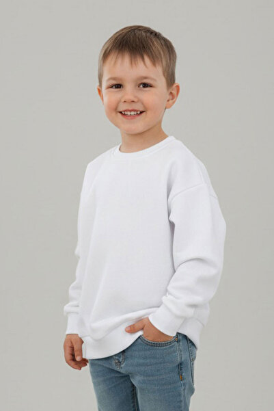 evavi Çocuk Baskısız Düz Bisiklet Yaka Beyaz Sweatshirt