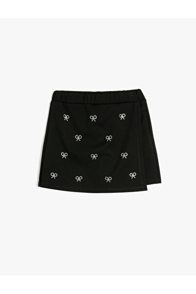 Koton Double-Breasted Shorts Skirt with Bow Detail and Stone Print, Elastic W...