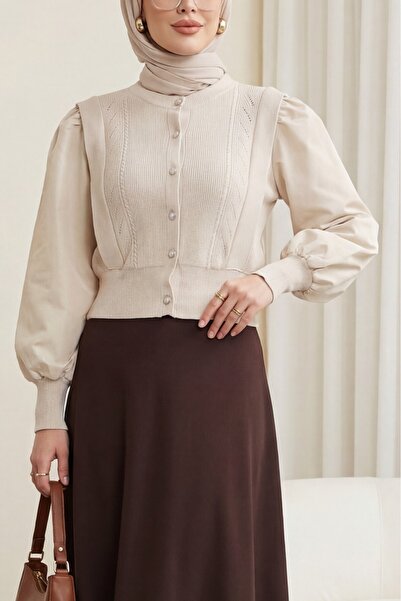 Modamorfo Poplin Sleeve Detail Buttoned Knitwear Cardigan -Stone