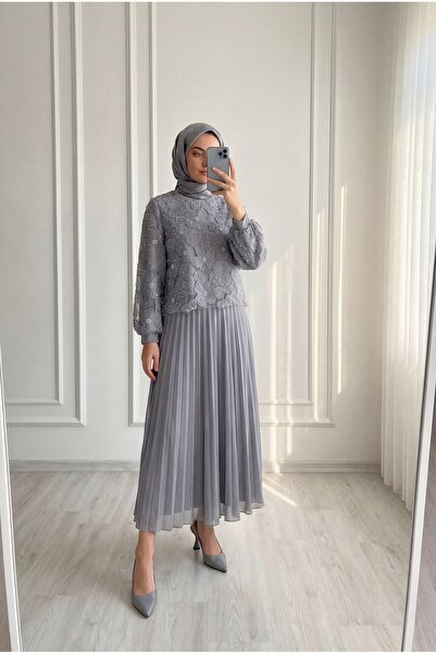 MİHRA STORE Hacer Taşlı Güllü Etekli Tül Takım-GE799 Gri