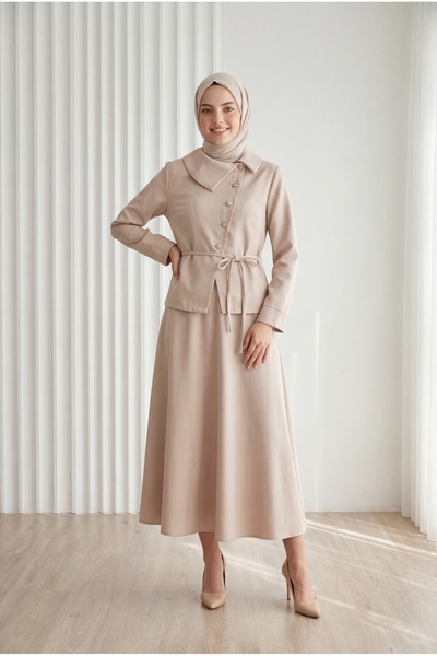 MİHRA STORE Σετ Φούστας με Γιακά και Σταυρωτά Κουμπιά Jülide-AS102 Stone