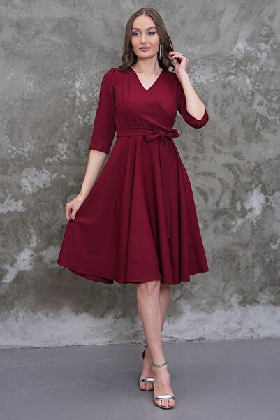 MAG FASHİON Truvakar Sleeve Burgundy Large Size Dress Skirt Flared Double-Bre...