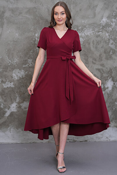 MAG FASHİON Plus Size Dress Asymmetrical Cut Short in Front Long in Back Doub...