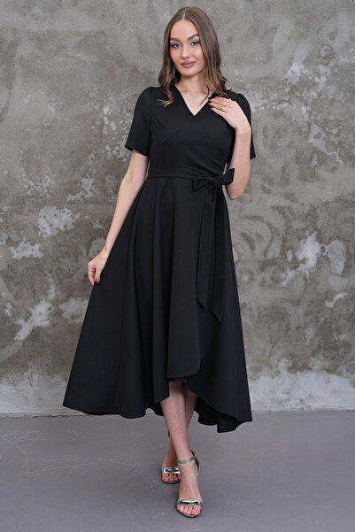 MAG FASHİON Short Sleeve Black Dress Asymmetrical Cut Short in Front Long in ...