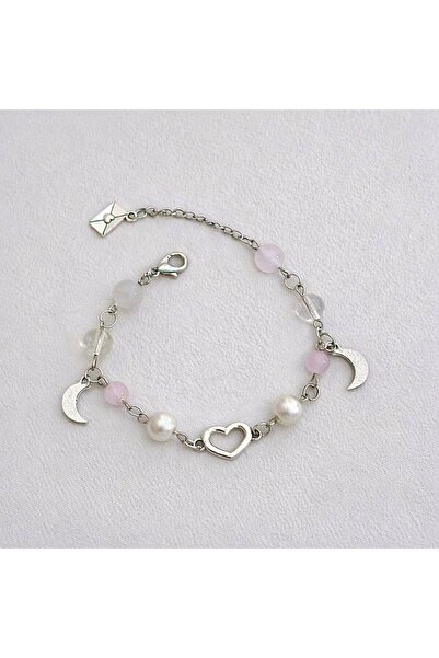 sleyshop Pembe kuvars aytaşı doğaltaş cam inci boncuk kalp kanatlı el yapımı ...