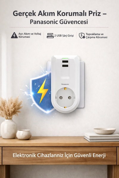 PANASONIC Akım Korumalı Tekli Priz 2 USB Girişli | Aşırı Voltaj Koruma | Topr...