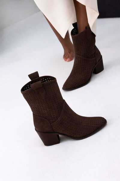 POTEEN Aisha Women's Western Cowboy Heeled Boots Suede Laser Cut Perforated S...