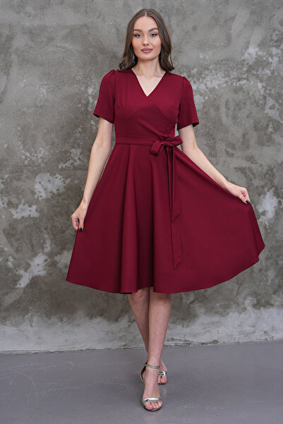 MAG FASHİON Short Sleeve Burgundy Plus Size Dress Flared Skirt Double-Breaste...