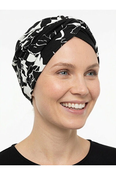 elysianfidan Desenli Çapraz Penye Siyah Çiçek Motifli Hazır Türban Tesettür H...