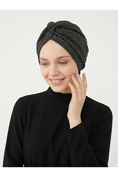 elysianfidan Cross Patterned Foil Lined Black-Silver Ready-To-Wear Turban Hij...