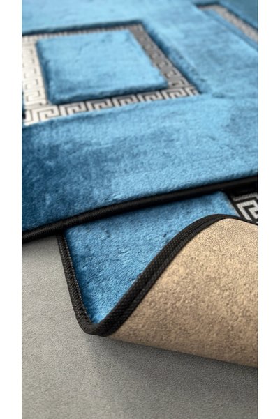 FeelHome Meram Non-Slip Base, Absorbent 2-Piece Ultra Luxury Leather Detailed Bath Mat Set Blue & Silver