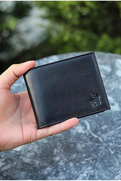 LEWİS POLO محفظة ليكسا الرجالية من الجلد الطبيعي باللون الأسود مع العديد من ح...