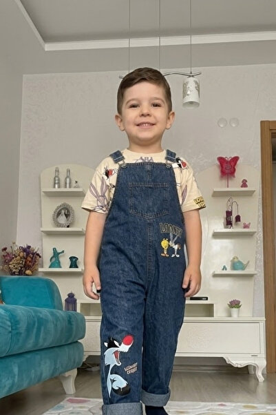 Mişsa Bebe Baskılı Çocuk Kot Salopet Trend 2 Parça Kombin 3-6 Yaş