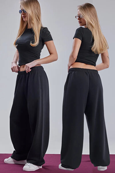 vladivosto Kışlık Siyah/Gri Ayarlanabilir İspanyol Paça Baggy Büyük Beden Ove...