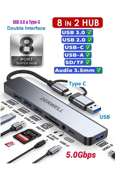 Derwell 8 in 2 Dönüştürücü USB-C & USB 3.0 Hub Çoklayıcı USB Type-C SD/TF ve ...