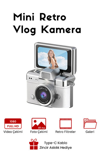 RoseandRoses Mini Kamera Dönen Ekran Flaşlı Selfie Video Vlog Kamerası Anahta...