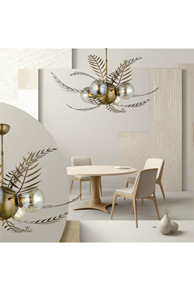 LampaLuce Alekos Modern Tasarım Yapraklı Sarkıt Avize Sarı Eskitme 70x90cm