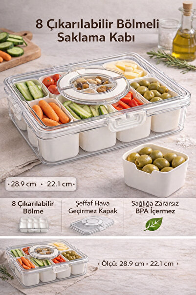 GLOW LUXE 8 Bölmeli Taşınabilir Kilit Kapaklı Saklama Kabı Kahvaltılık Organi...